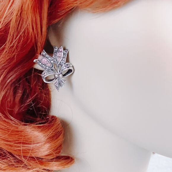 VTG Signed Avon Tulip Brooch Earrings Set Pink Rhinestone Silver Tone Marcasite - Picture 3 of 13